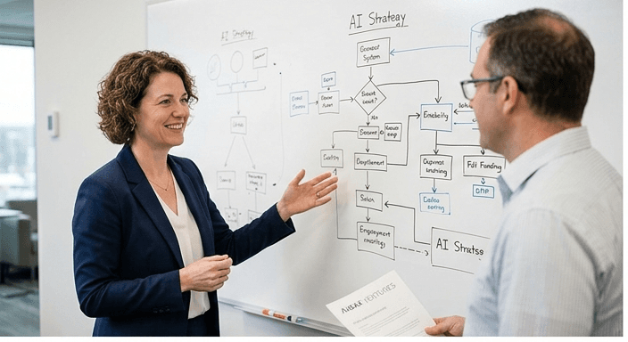 Audax team mapping an AI strategy on a whiteboard