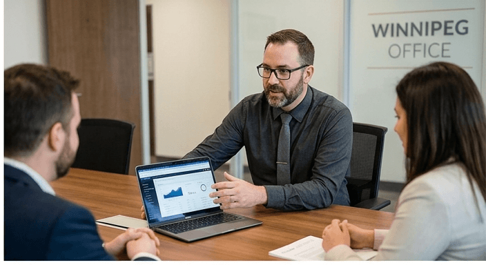 Audax team in a client meeting at the Winnipeg office