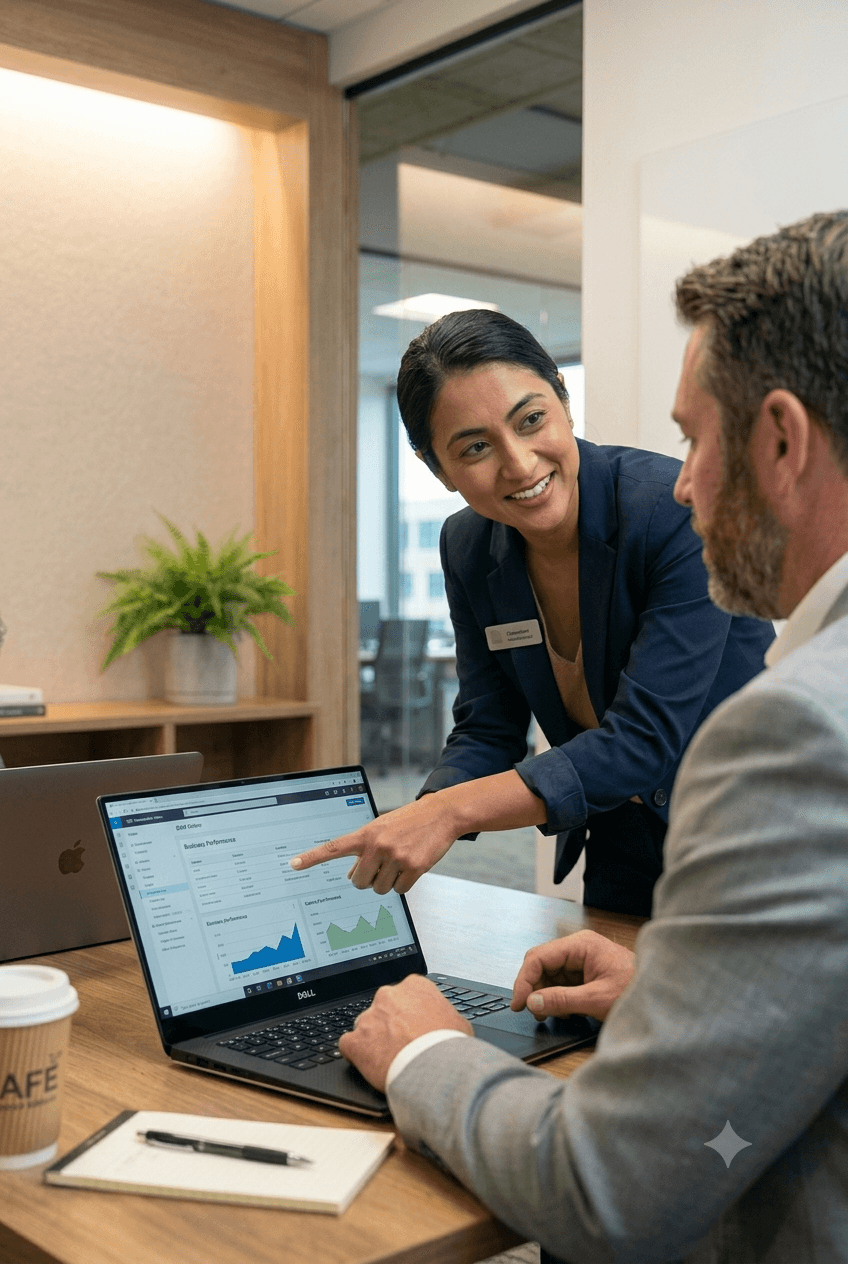 Audax Ventures advisor reviewing AI-driven business performance data with a client